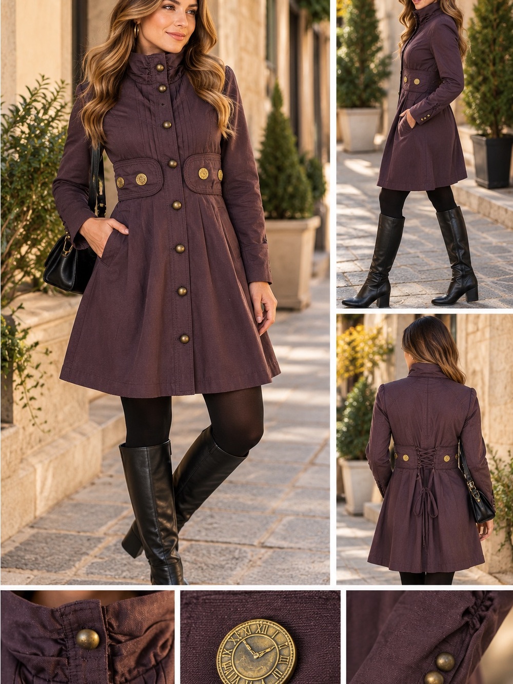 Military Women's Fitted Trench Coat with Brass Button Detail - Plum